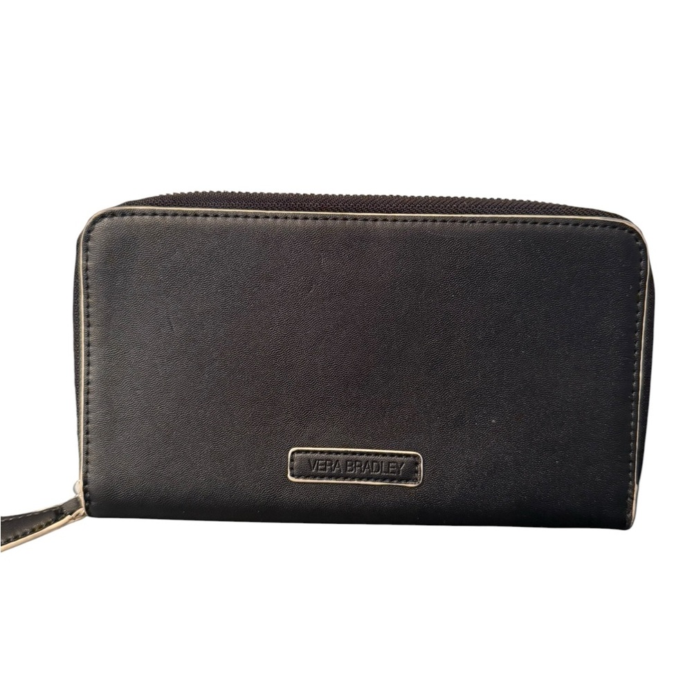 Vera Bradley Black Leather Zip Wallet with Logo Plaque